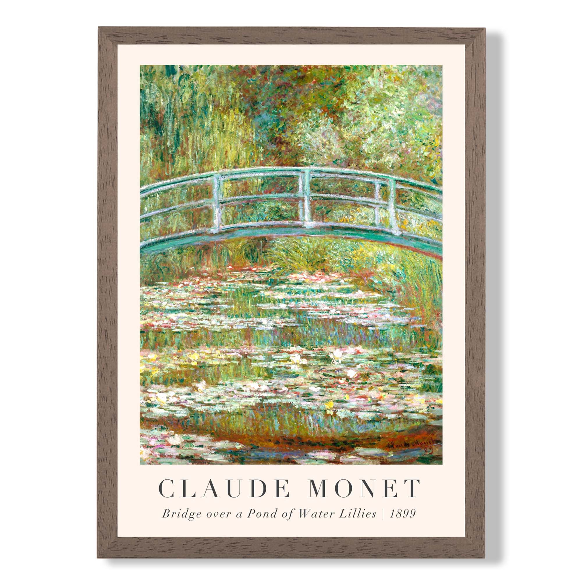 Claude Monet Bridge Over Pond of Water Lillies print in Walnut Wooden Frame