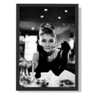 Audrey Hepburn at Tiffany's Art Print print in Black Wooden Frame