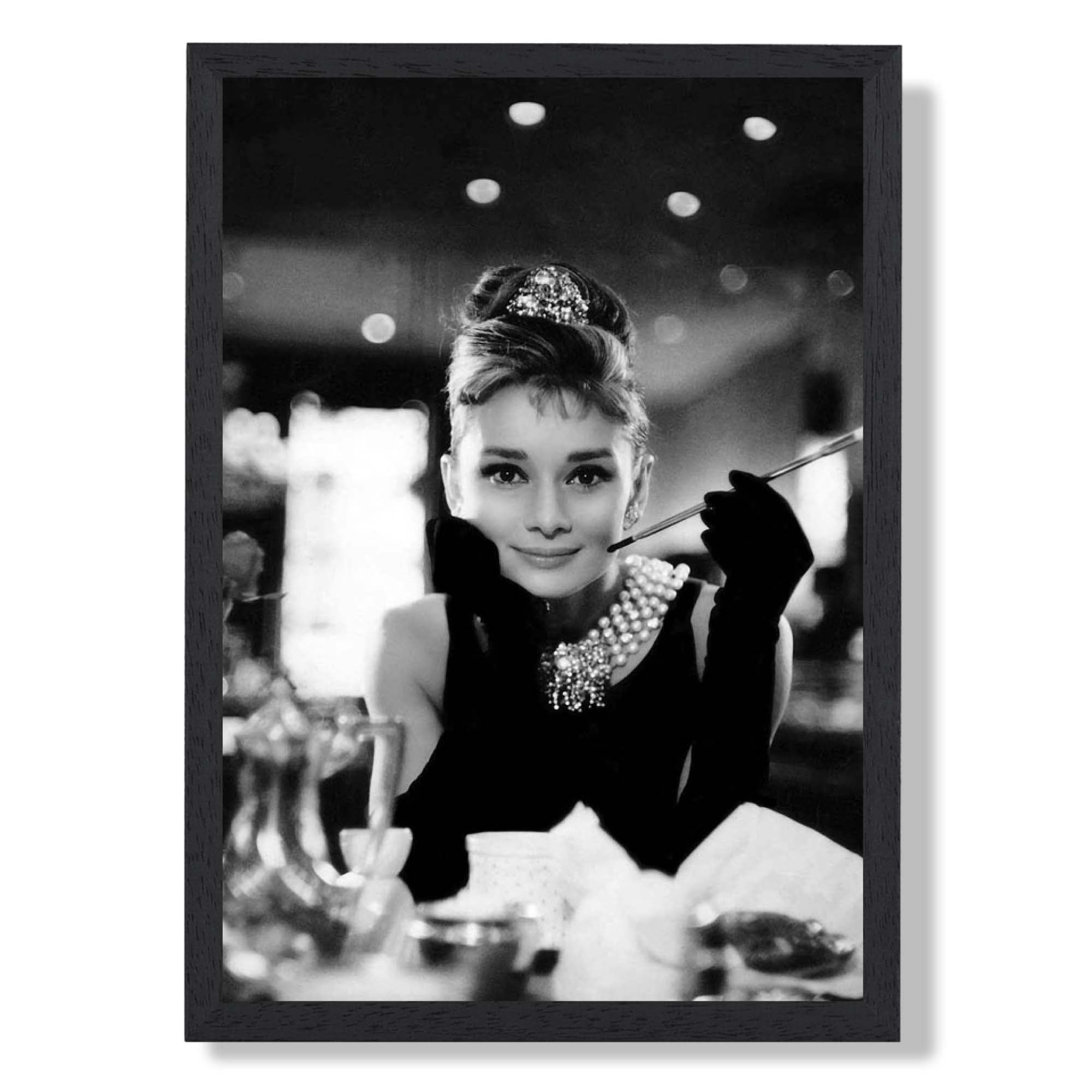 Audrey Hepburn at Tiffany's Art Print print in Black Wooden Frame