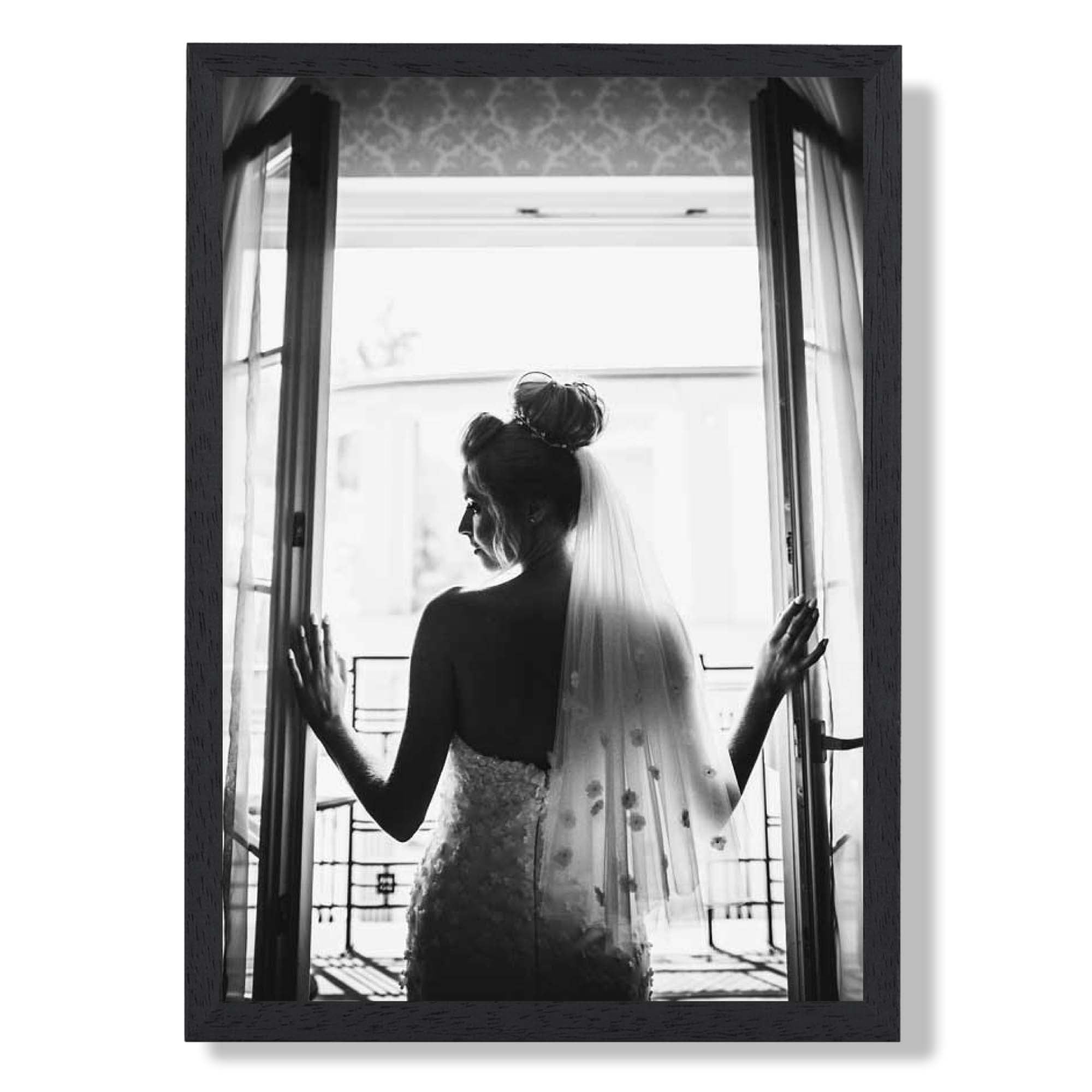 Bride in Paris Art Print print in Black Wooden Frame