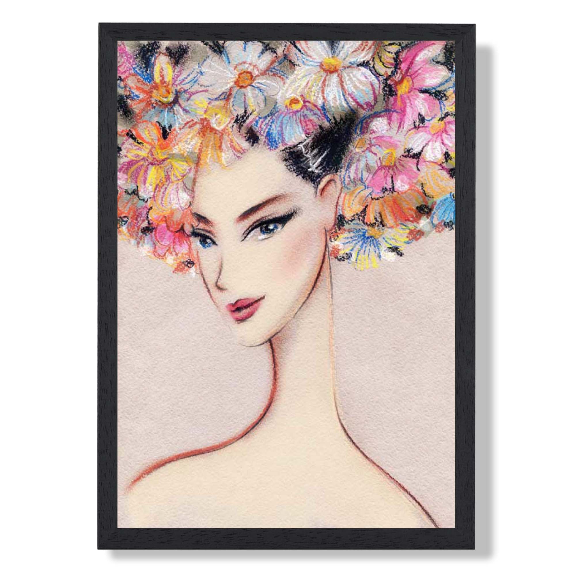 Woman with Flower Hair Art Print print in Black Wooden Frame