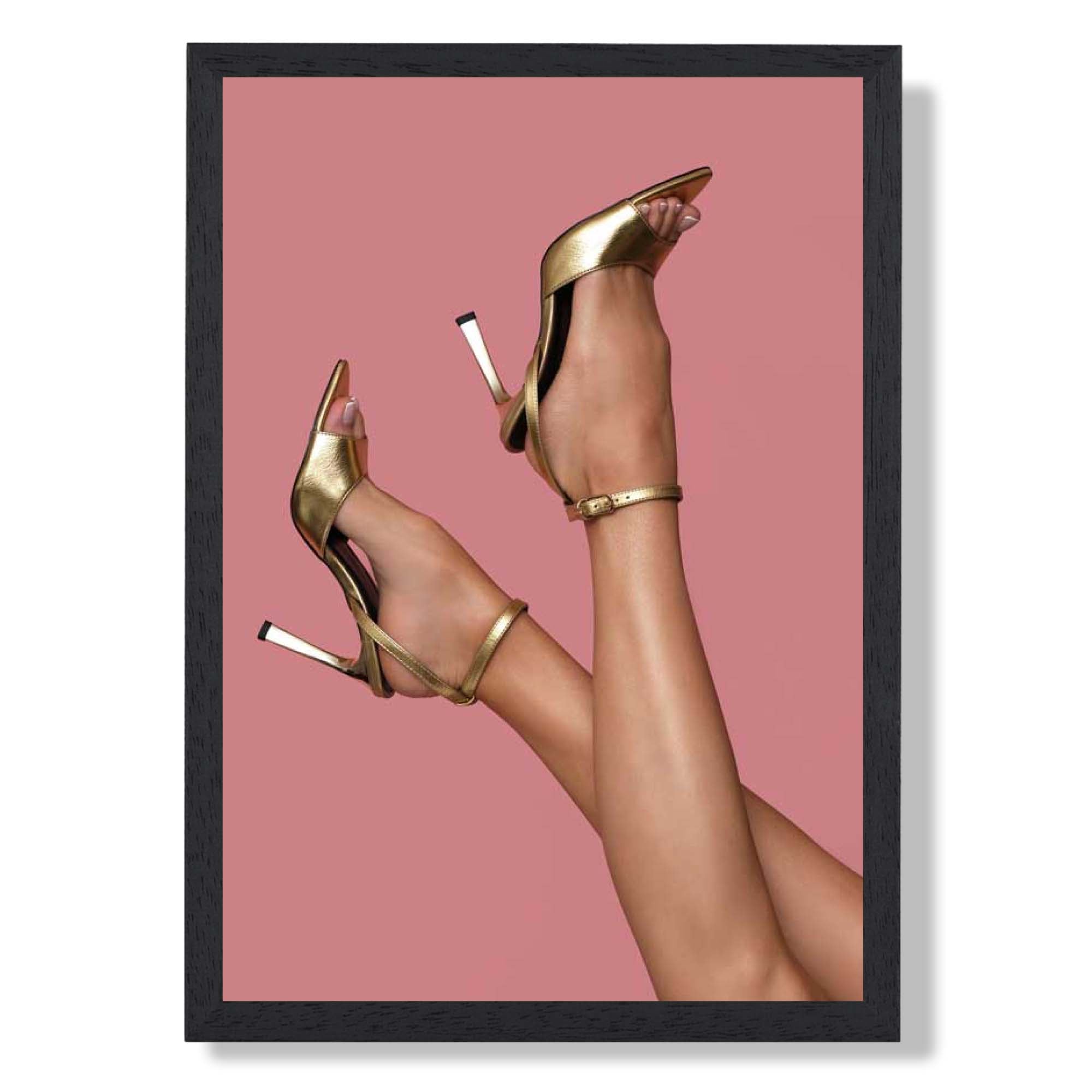 Legs and heels on Pink Art Print print in Black Wooden Frame