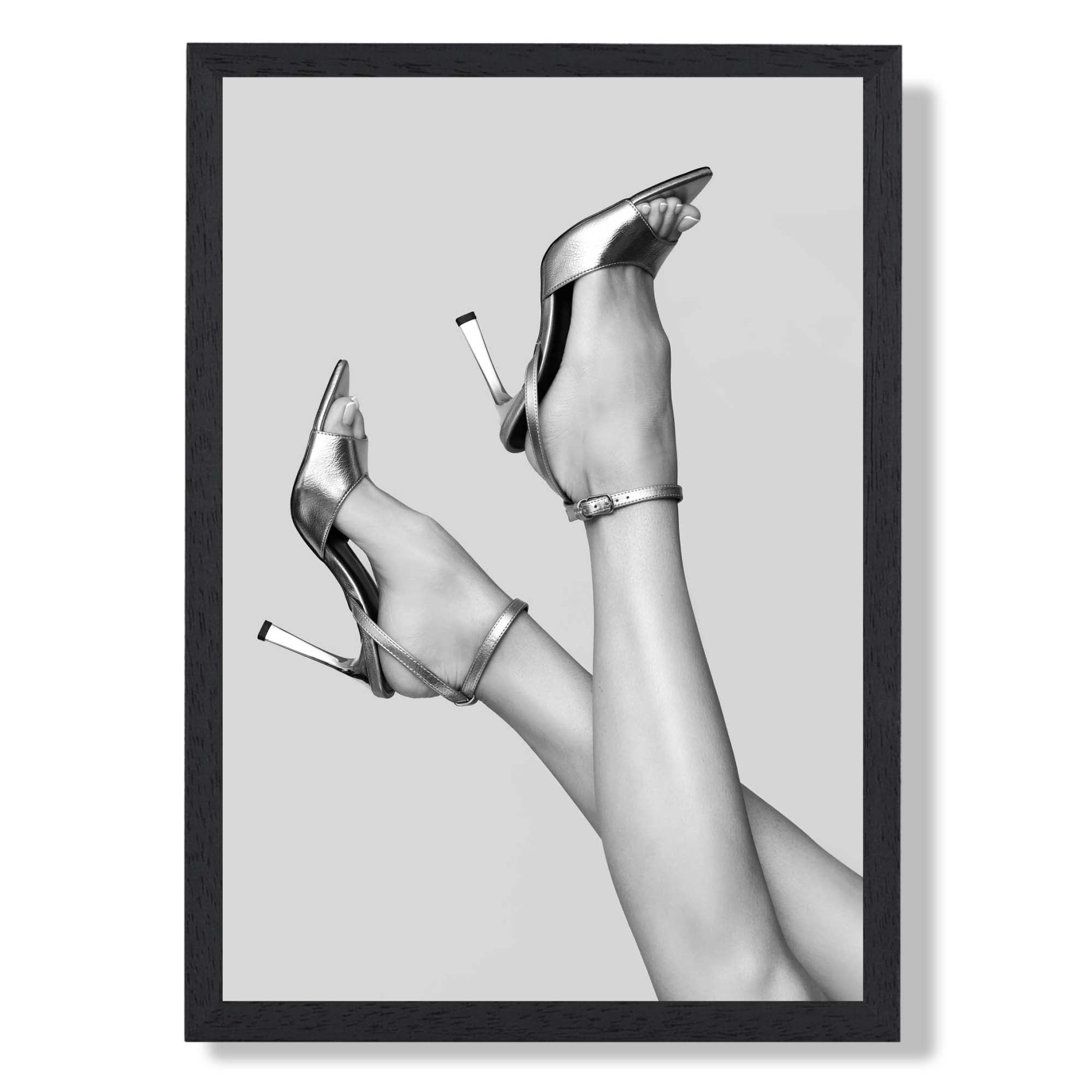 Legs and Heels on Grey Art Print print in Black Wooden Frame