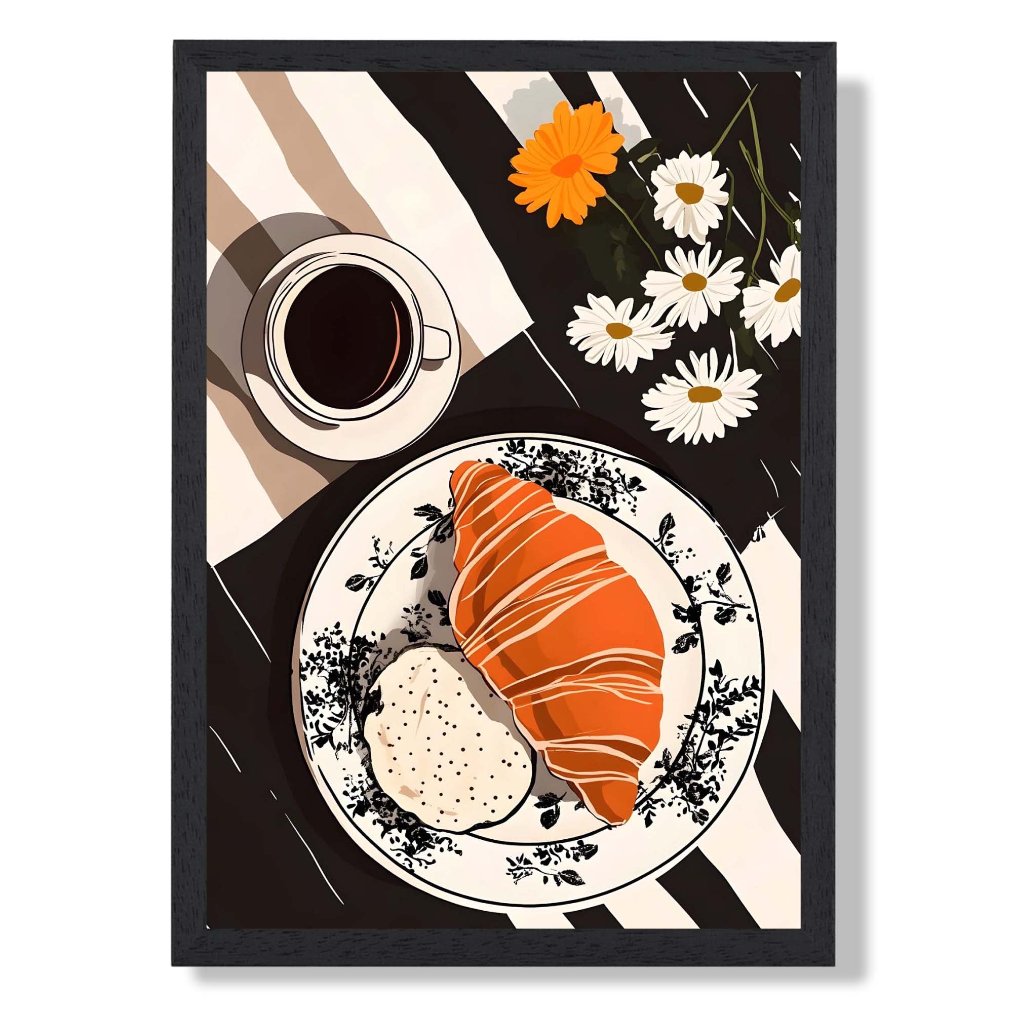 Breakfast Croissants Art Print print in Black Wooden Frame
