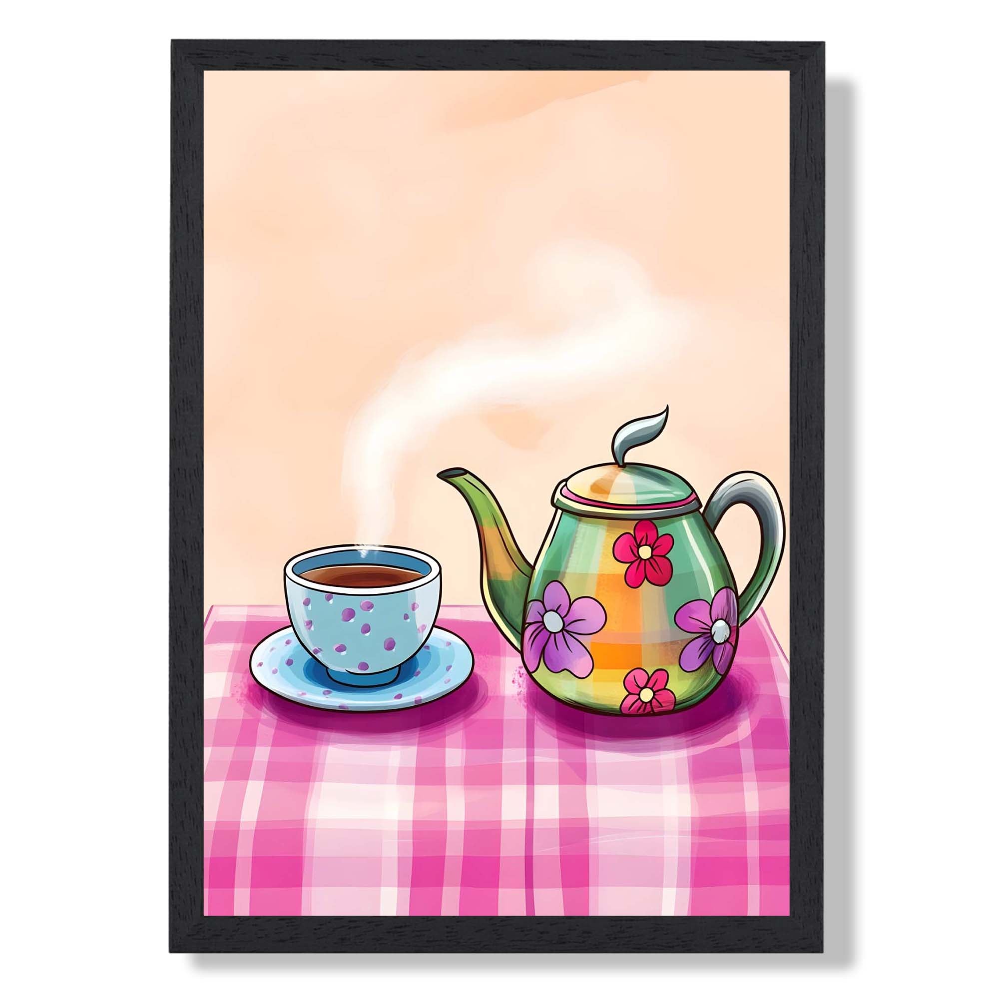 Tea for One Colourful Art Print print in Black Wooden Frame