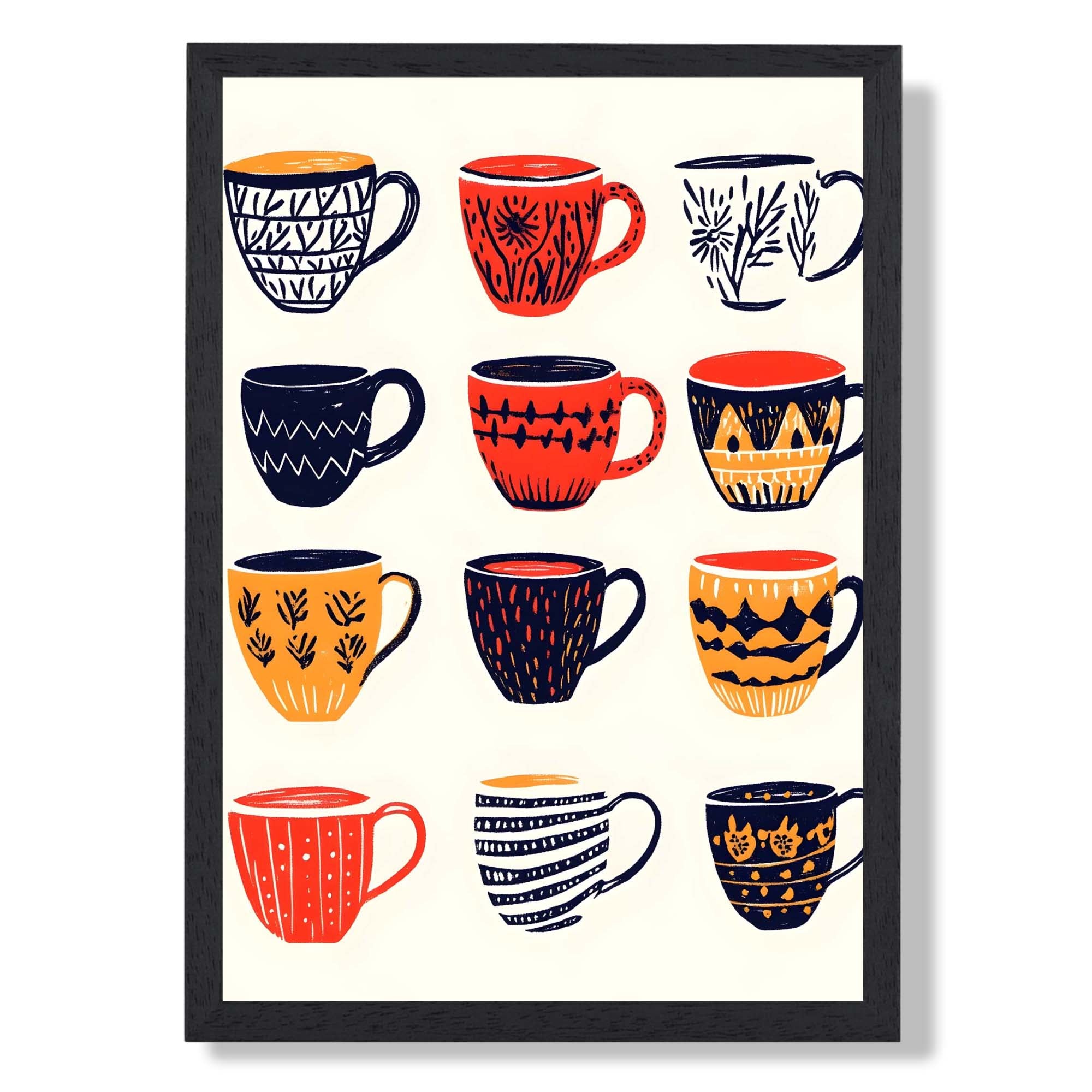 Boho Coffee Cups Kitchen Illustration Art Print print in Black Wooden Frame