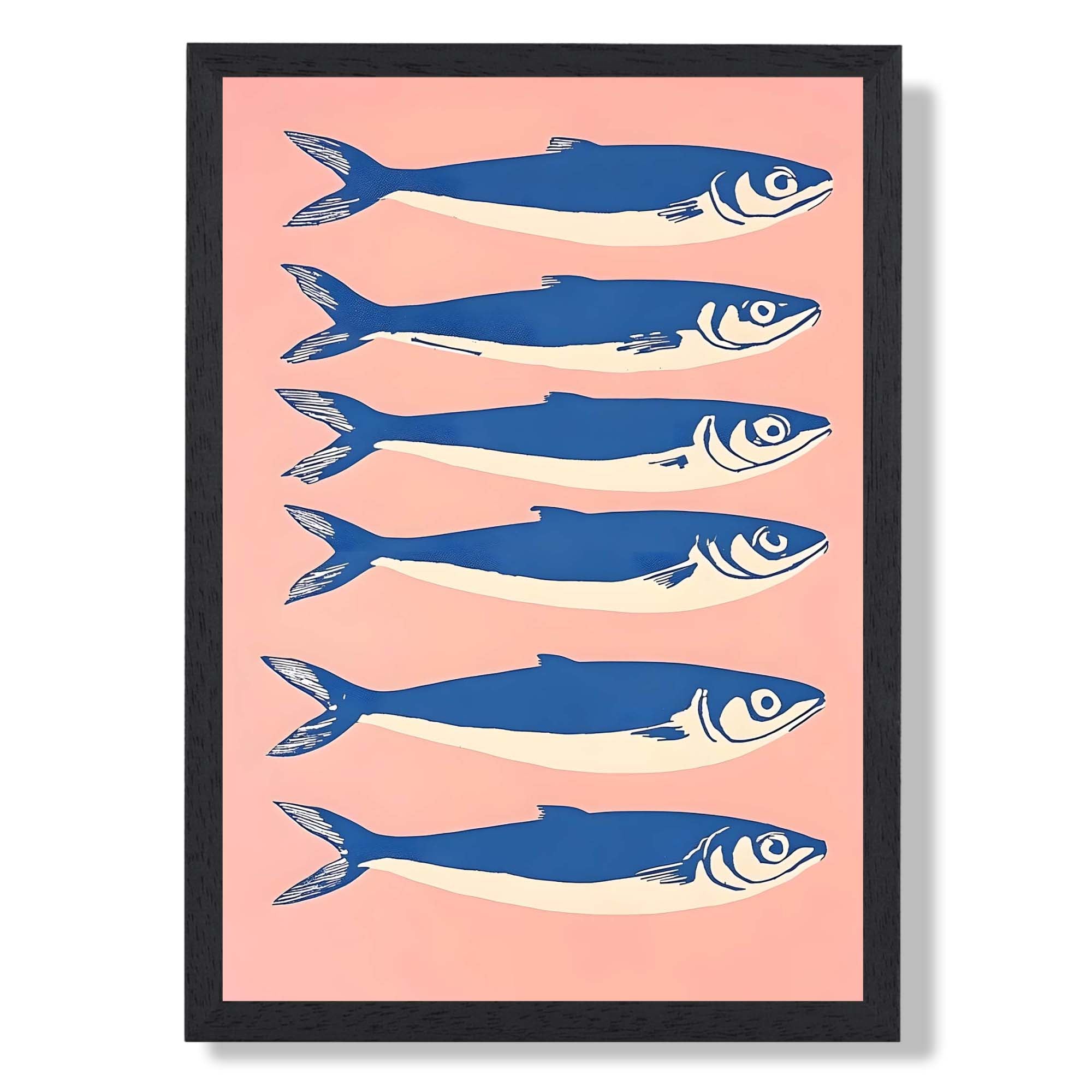 Pink and Blue Retro Fishes Kitchen Art Print print in Black Wooden Frame