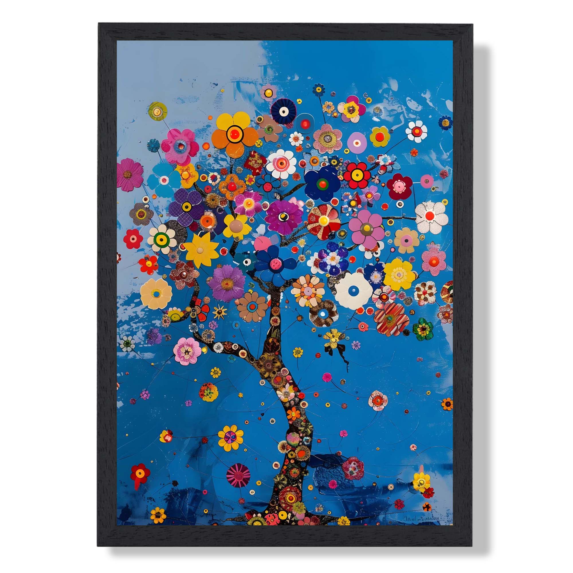 Retro Flower Tree Art Print print in Black Wooden Frame