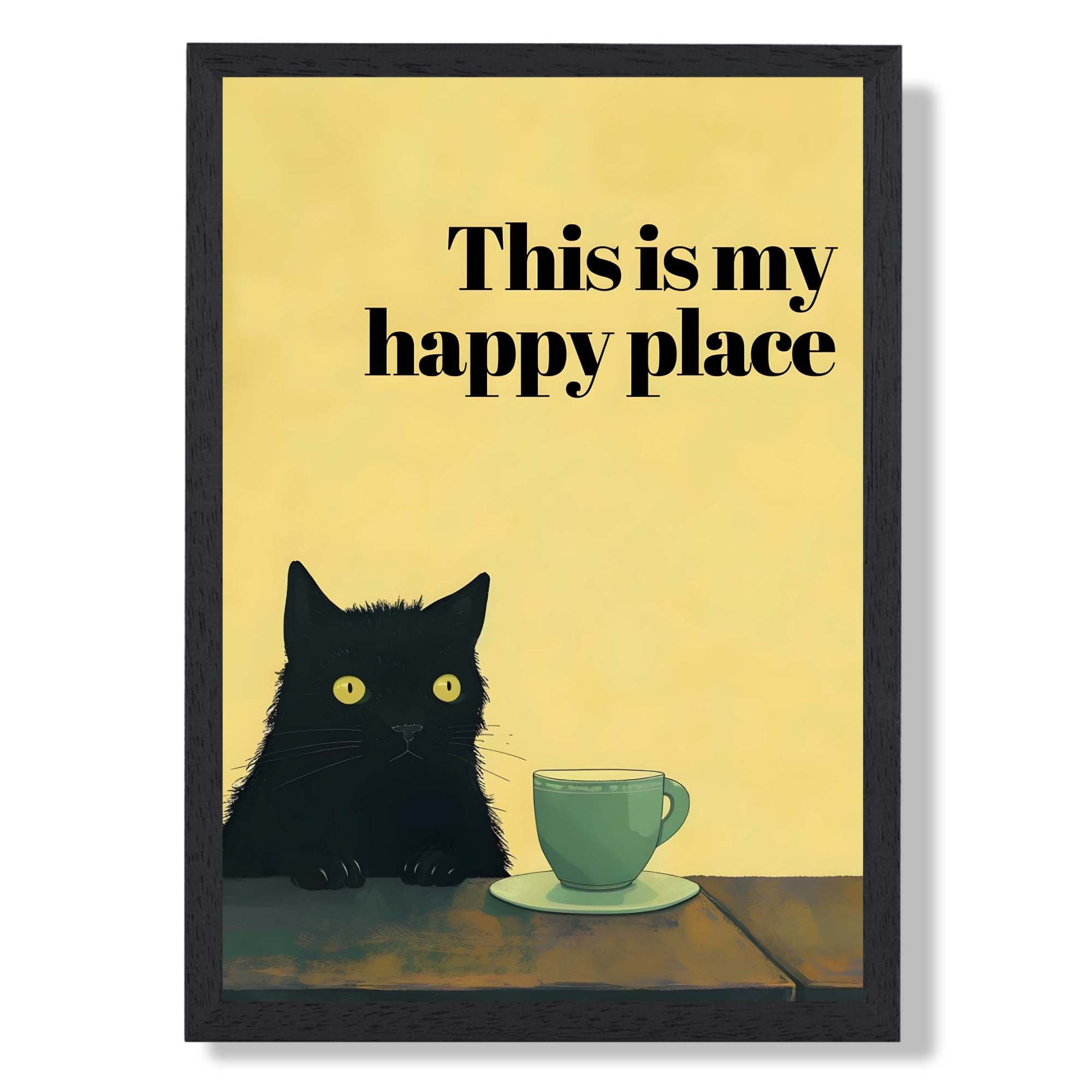 Happy Place Cat Art Print print in Black Wooden Frame