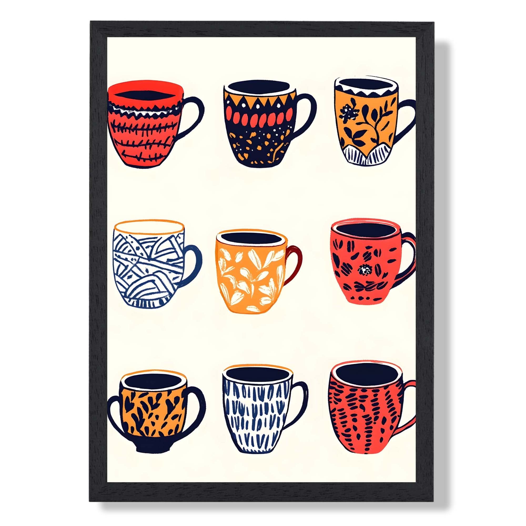 Boho Coffee Mugs Kitchen Illustration Art Print print in Black Wooden Frame