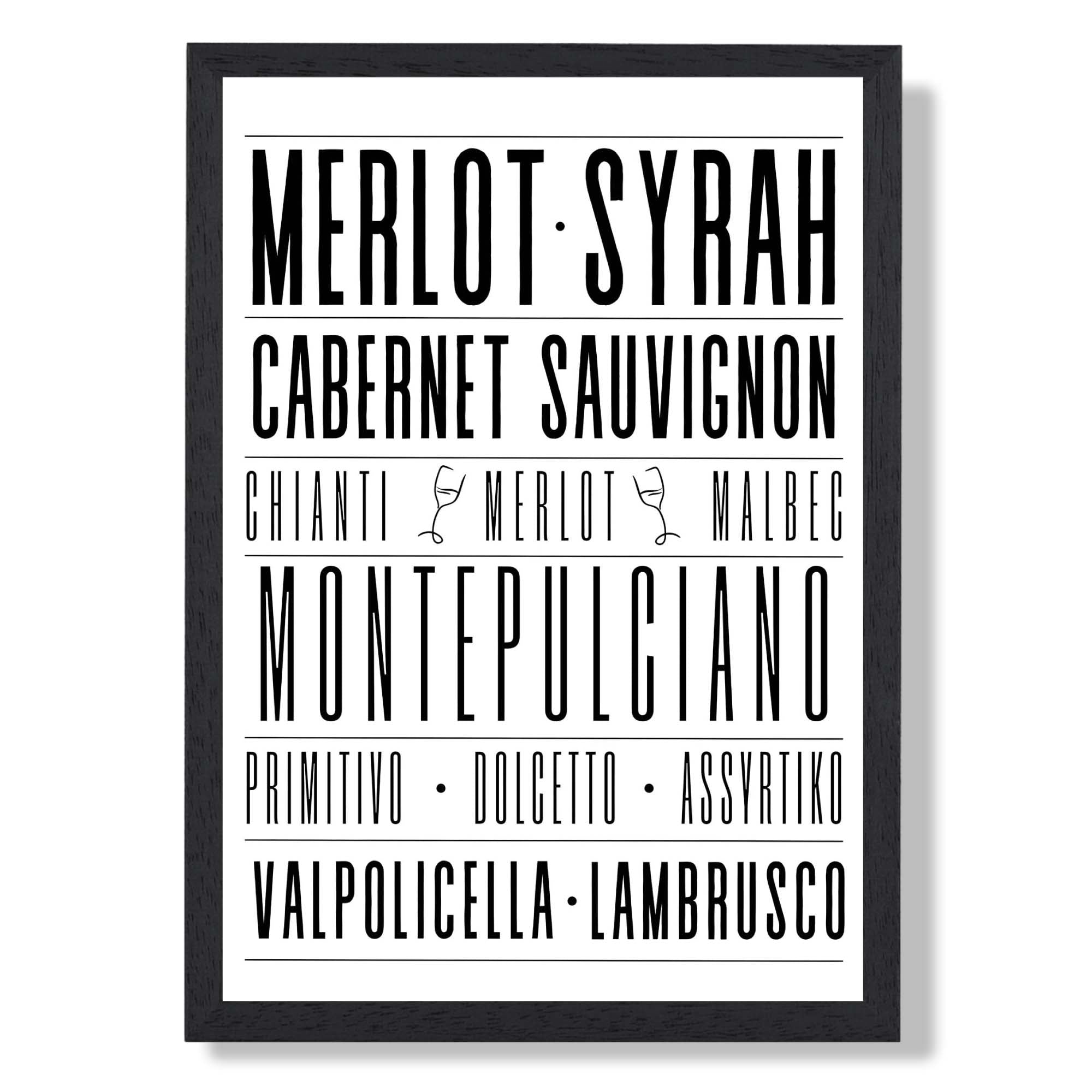 Red Wines Typograpgy Art Print print in Black Wooden Frame
