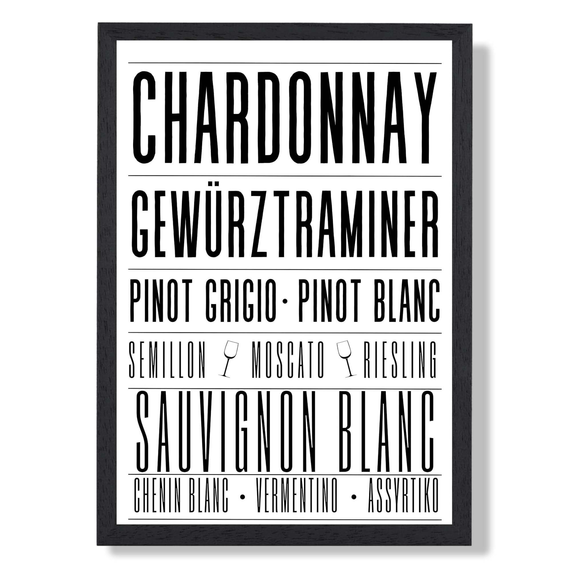 White Wines Typograpgy Art Print print in Black Wooden Frame
