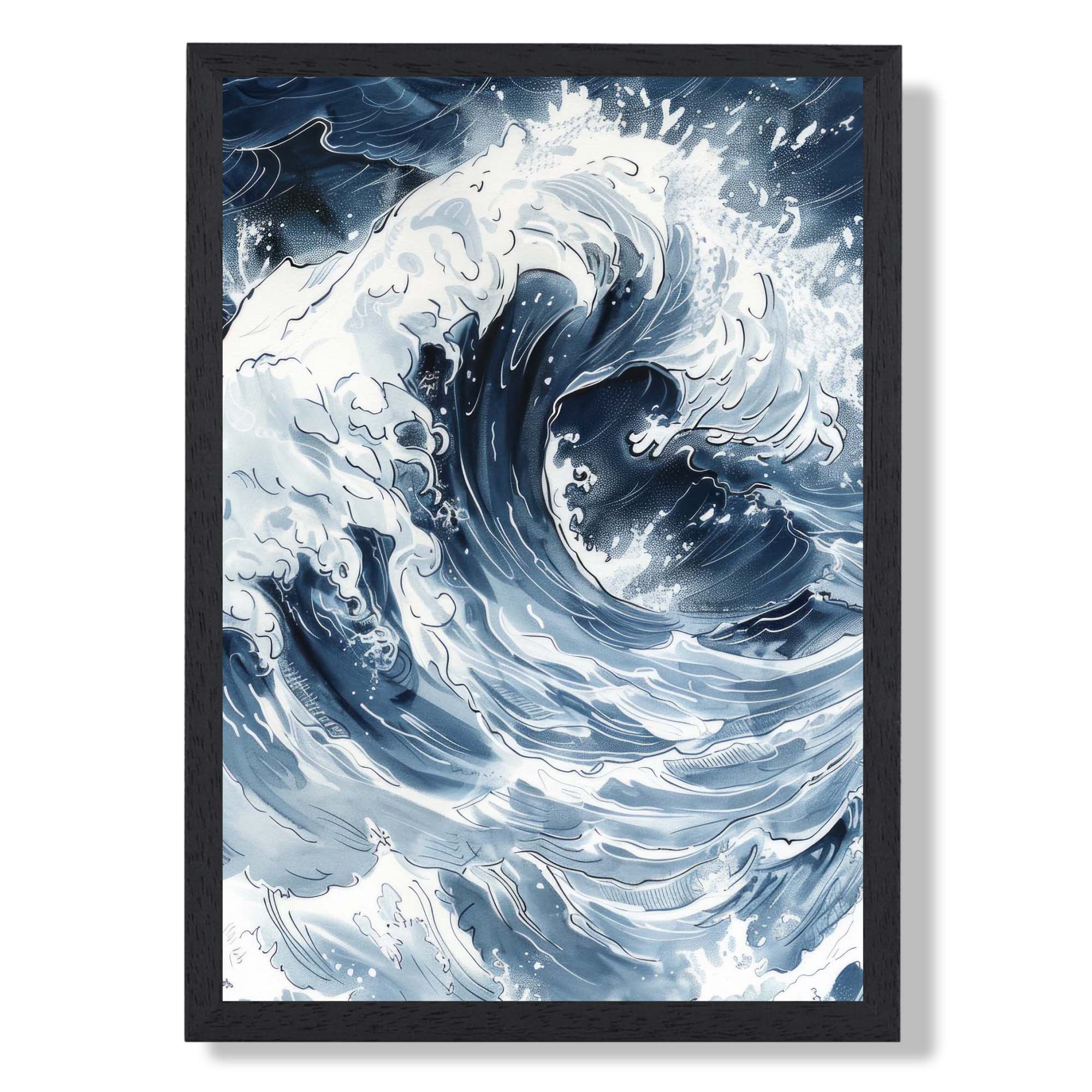 Ocean Wave Illustration in Blue Art Print print in Black Wooden Frame