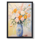 Painted Flowers in a Blue Vase Art Print print in Black Wooden Frame