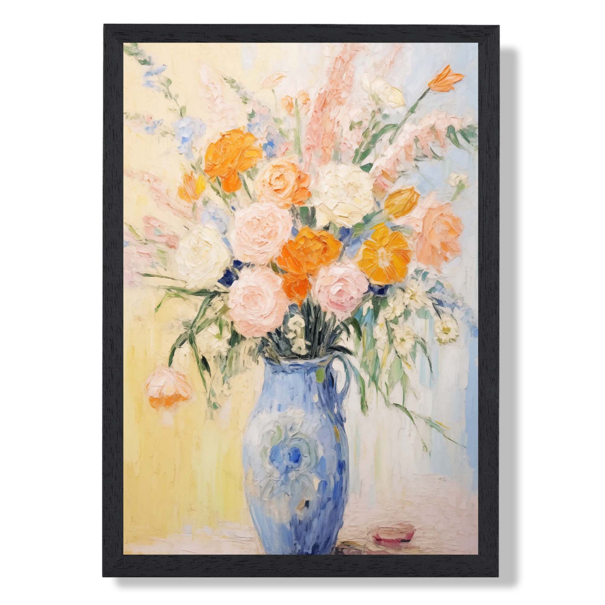 Painted Flowers in a Blue Vase Art Print print in Black Wooden Frame