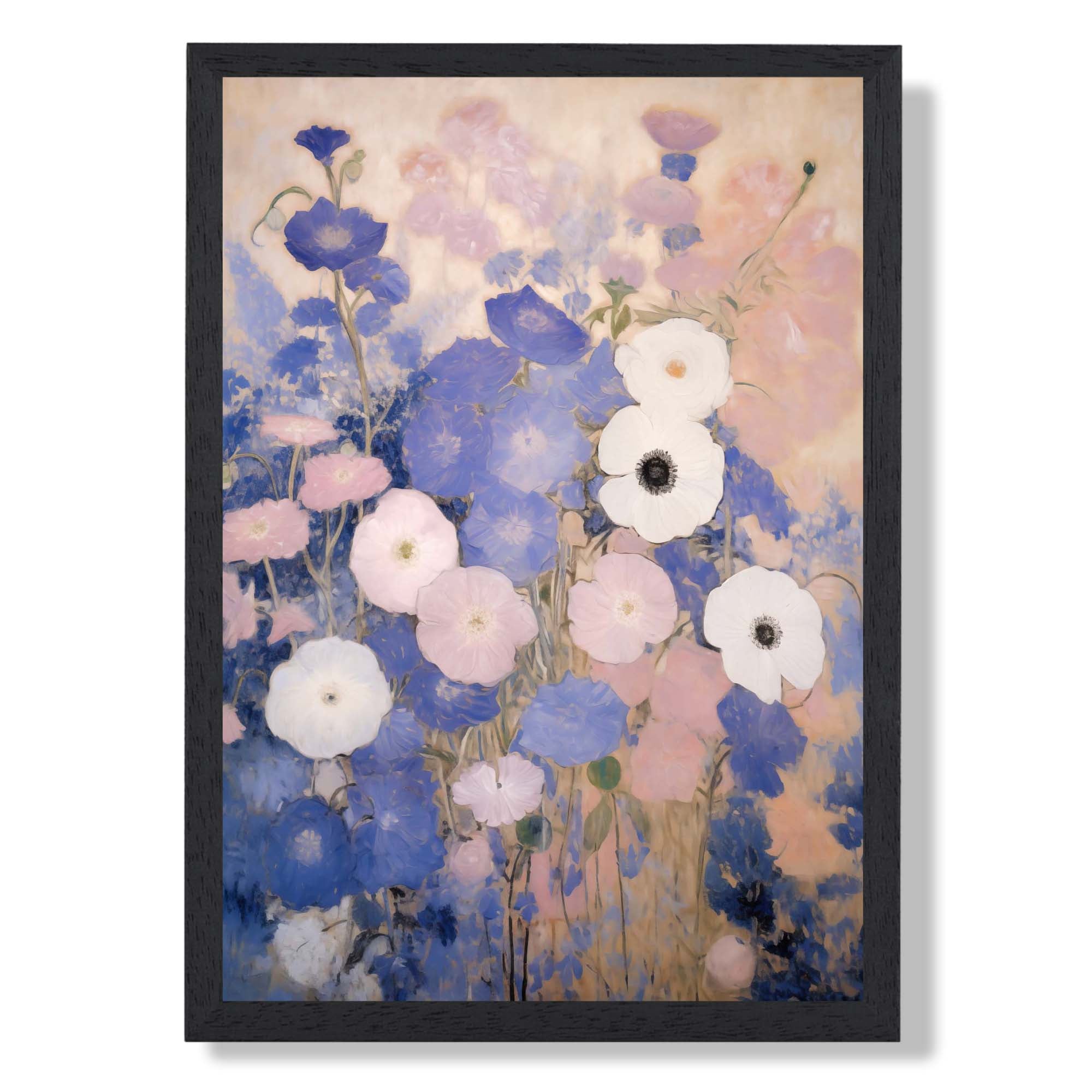 Lilac and Pink Painted Flowers Art Print print in Black Wooden Frame