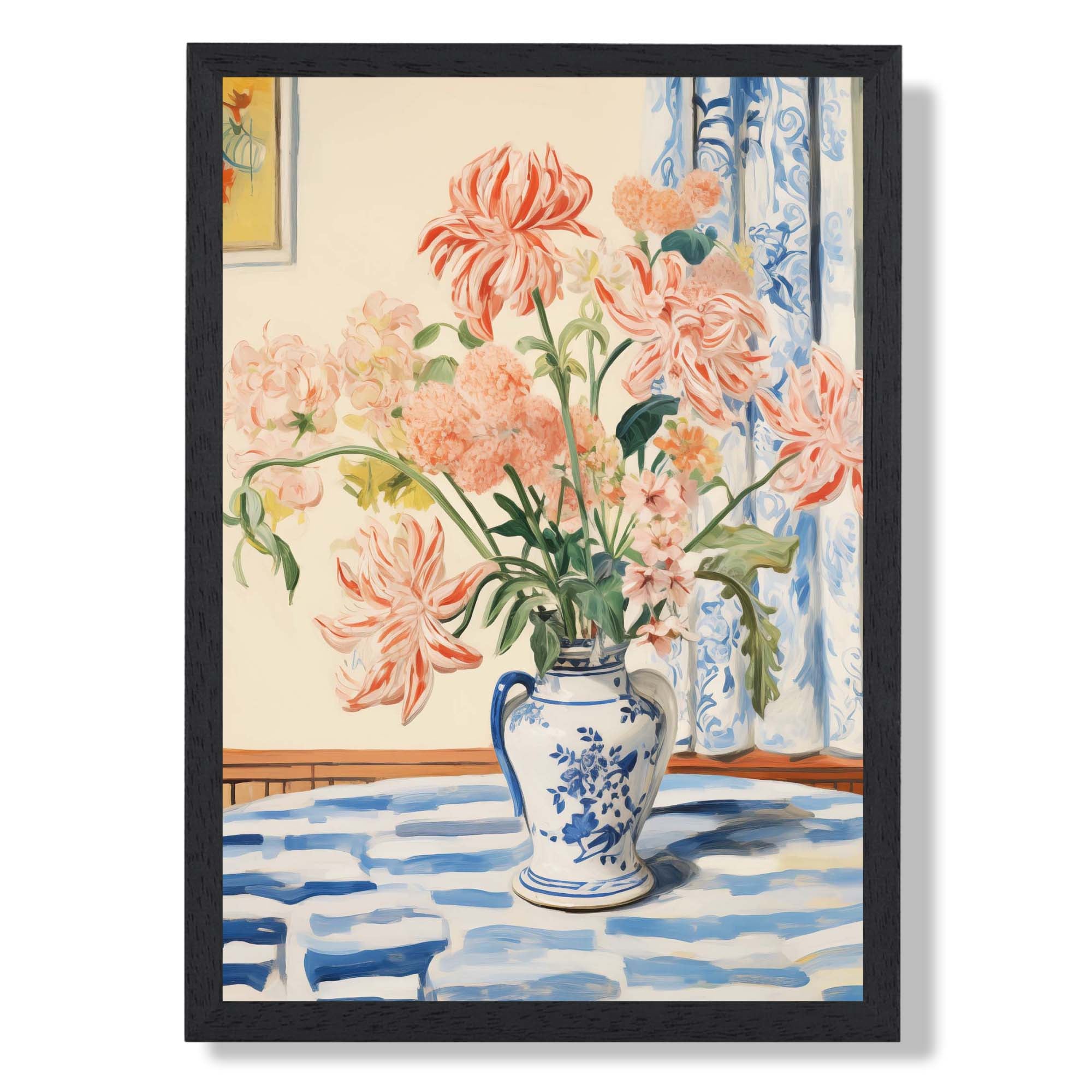 Pink Flowers with Blue and White Vase Art Print print in Black Wooden Frame