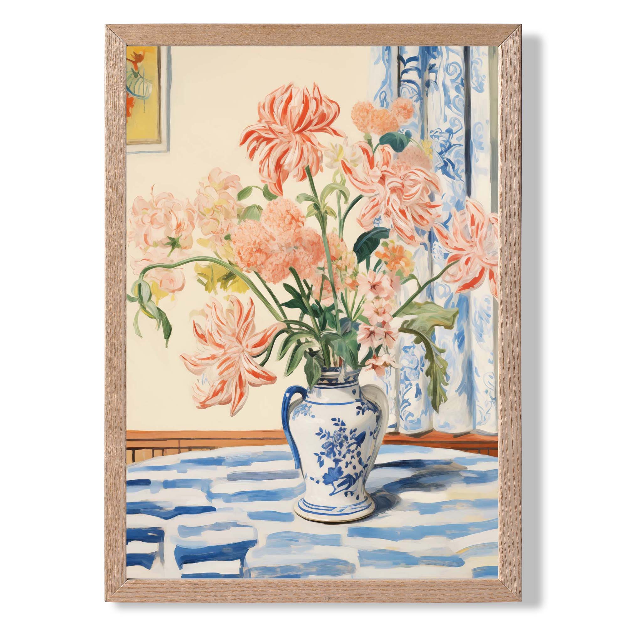 Pink Flowers with Blue and White Vase Art Print Wall Art Print