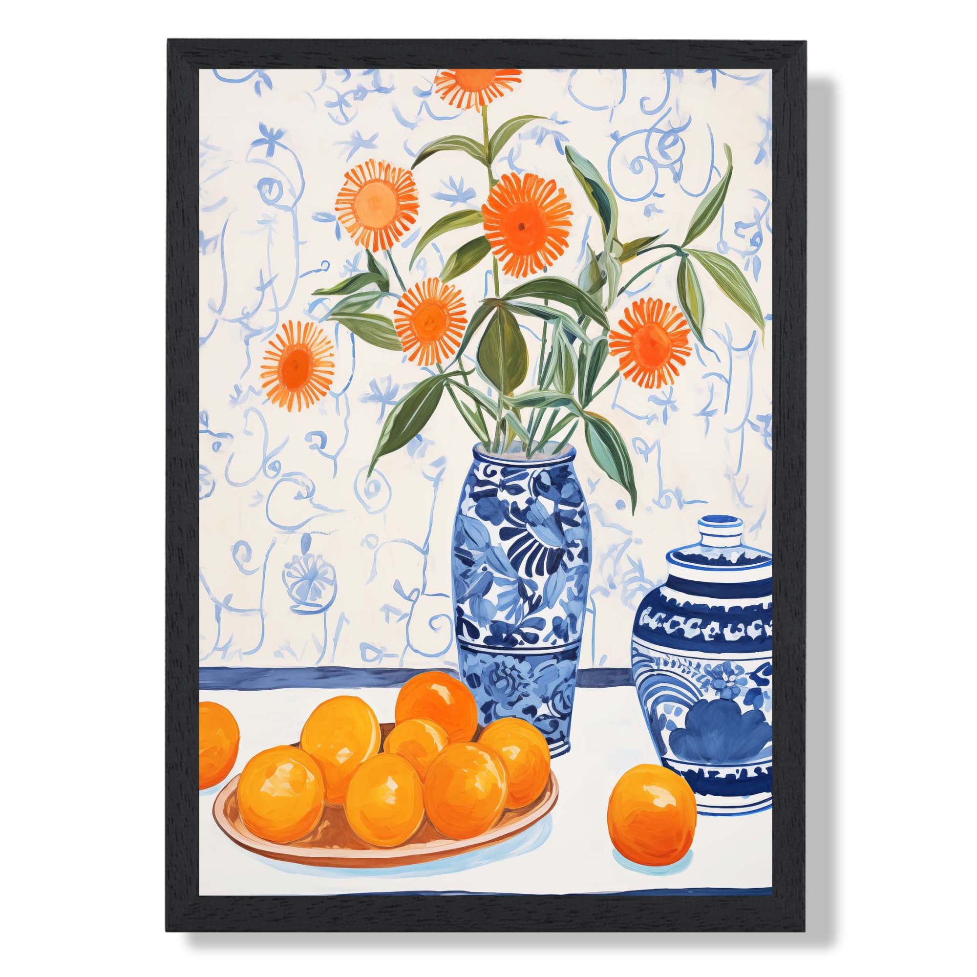 Painted Flowers and Oranges Still Life No 1 Art Print print in Black Wooden Frame