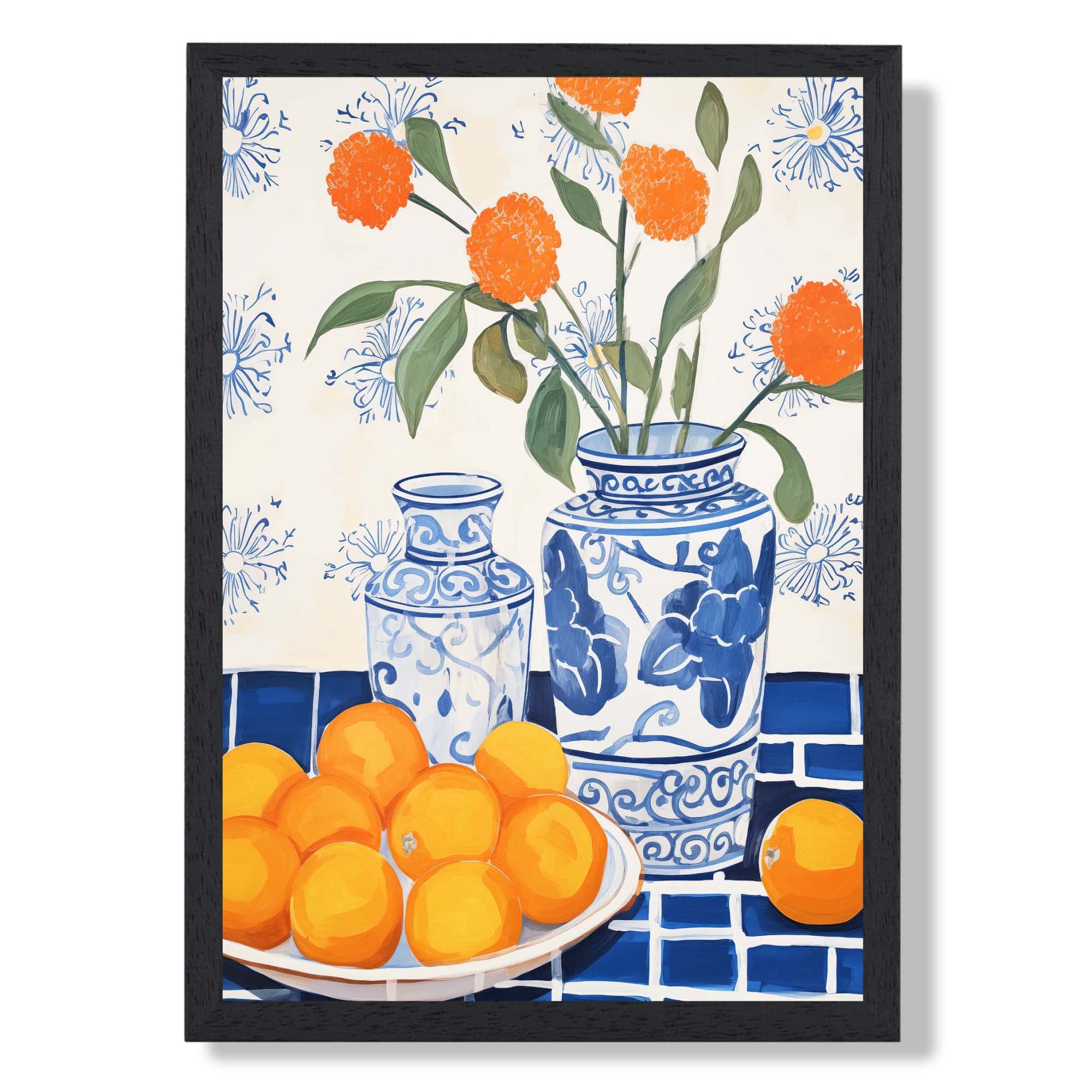 Painted Flowers and Oranges Still Life No 2 Art Print print in Black Wooden Frame