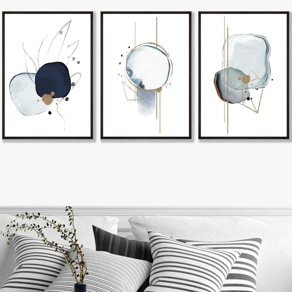 Abstract Winter Mood Navy Gold Art Prints Set of 3
