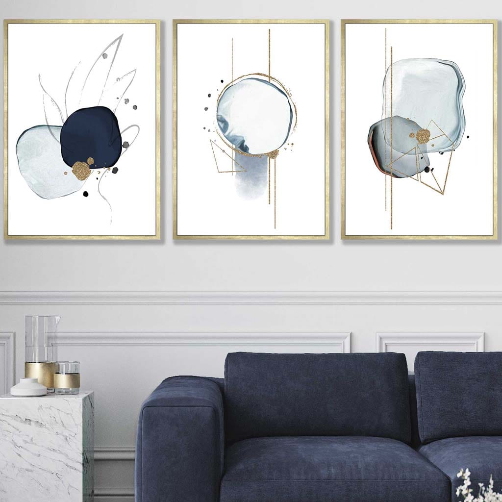 Abstract Winter Mood Navy Gold Art Prints Set of 3