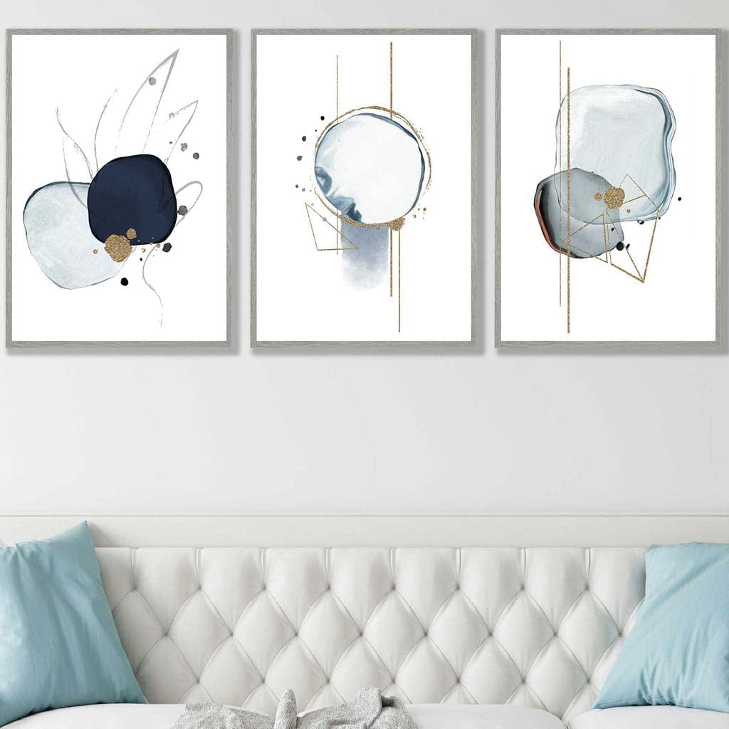 Abstract Winter Mood Navy Gold Art Prints Set of 3
