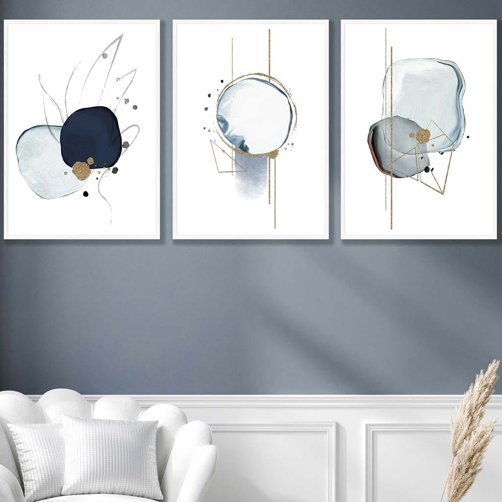 Abstract Winter Mood Navy Gold Art Prints Set of 3