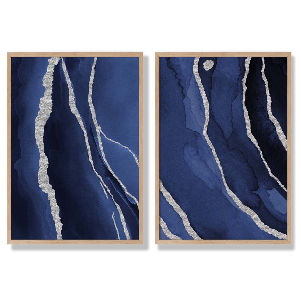 Navy Blue and Silver Abstract Set of 2 Art Prints with Oak Frame