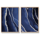 Navy Blue and Silver Abstract Set of 2 Art Prints with Oak Frame