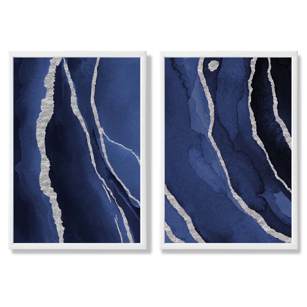 Navy Blue and Silver Abstract Set of 2 Art Prints with White Frame