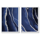 Navy Blue and Silver Abstract Set of 2 Art Prints with White Frame