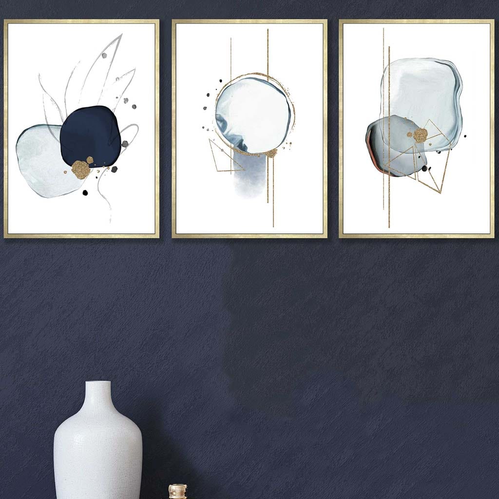 Abstract Winter Mood Navy Gold Art Prints Set of 3