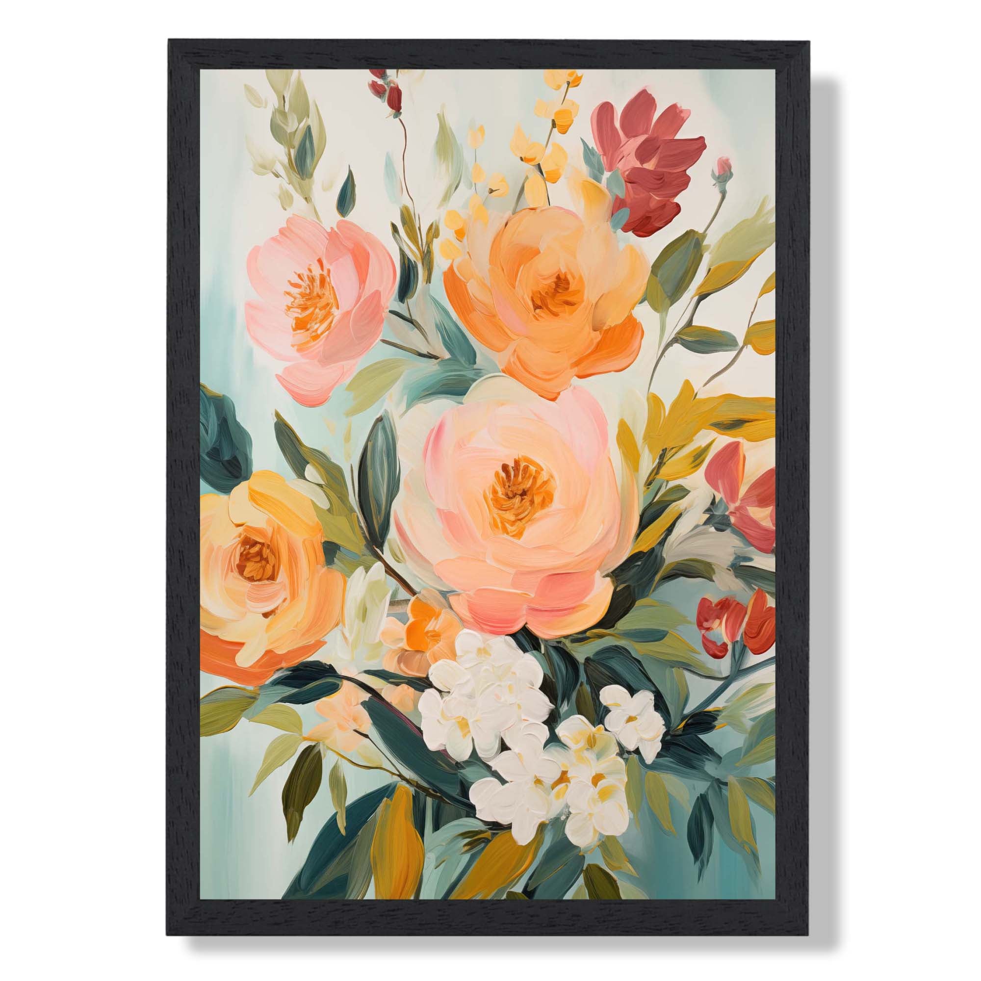 Soft Pink and Orange Florals No 1 Art Print print in Black Wooden Frame