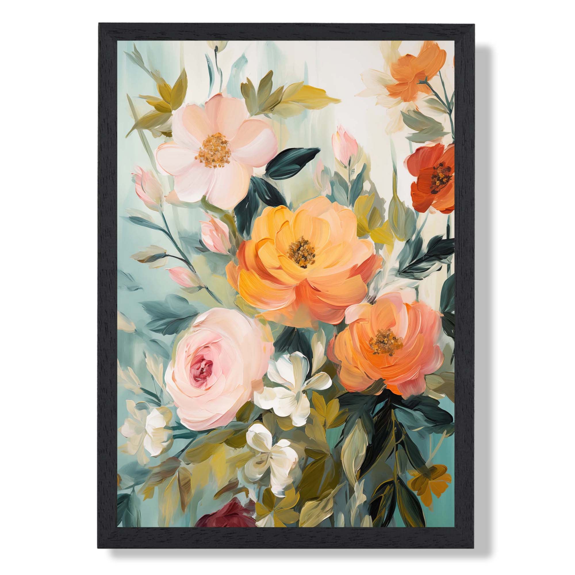 Soft Pink and Orange Florals No 2 Art Print print in Black Wooden Frame