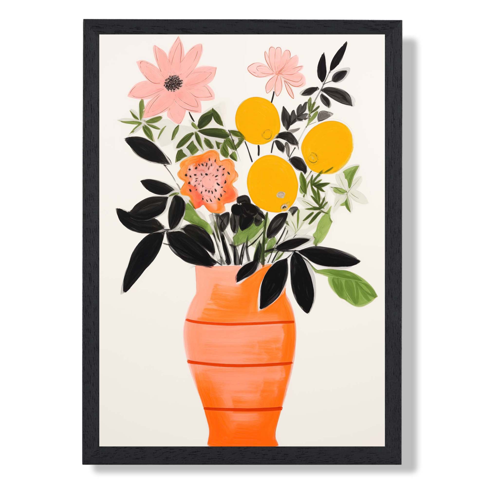 Minimalist Orange Floral No 1 Art Print print in Black Wooden Frame