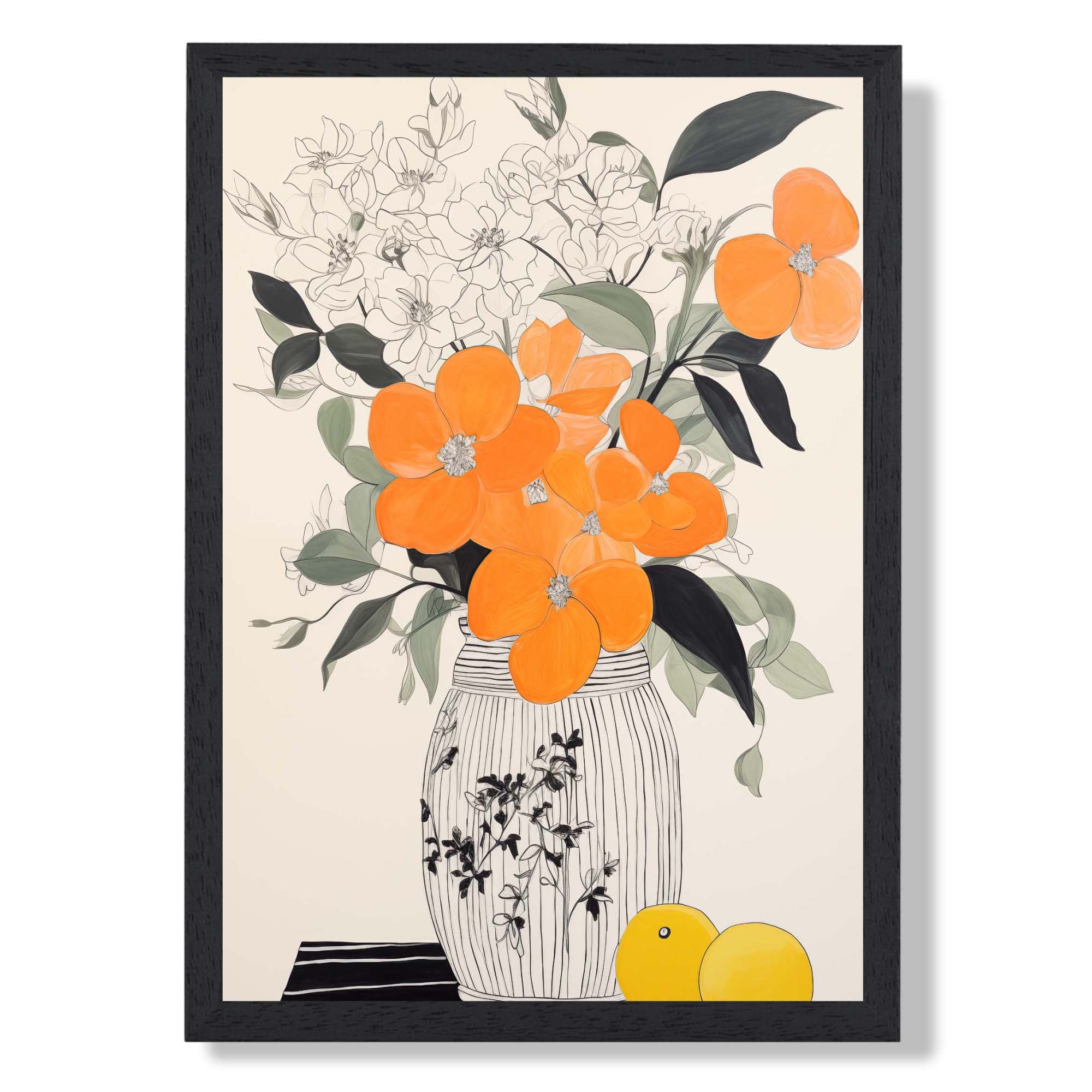Minimalist Orange Floral No 2 Art Print print in Black Wooden Frame