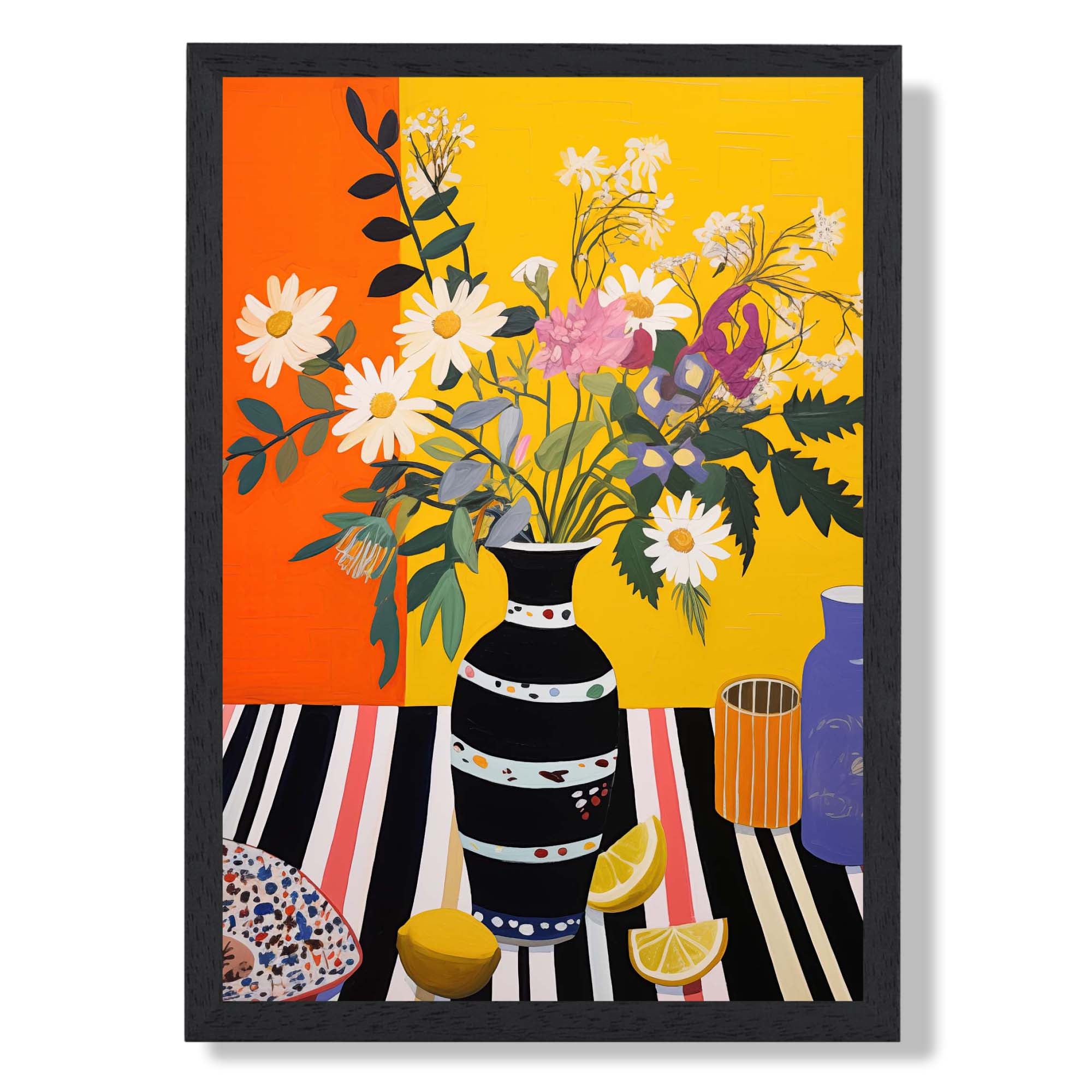 Maximalist Floral in Orange and Yellow Art Print print in Black Wooden Frame