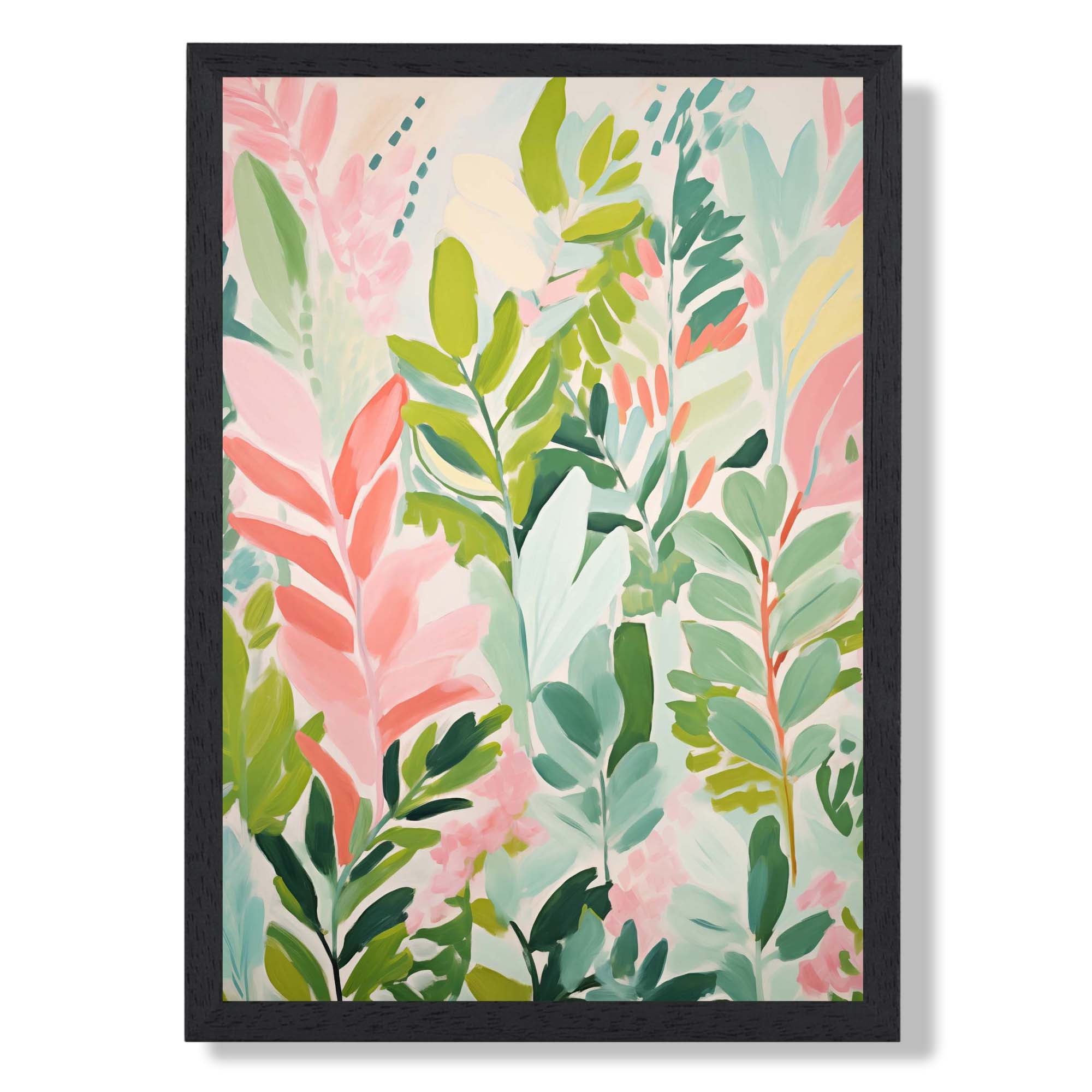 Soft Pink and Green Florals No 2 Art Print print in Black Wooden Frame