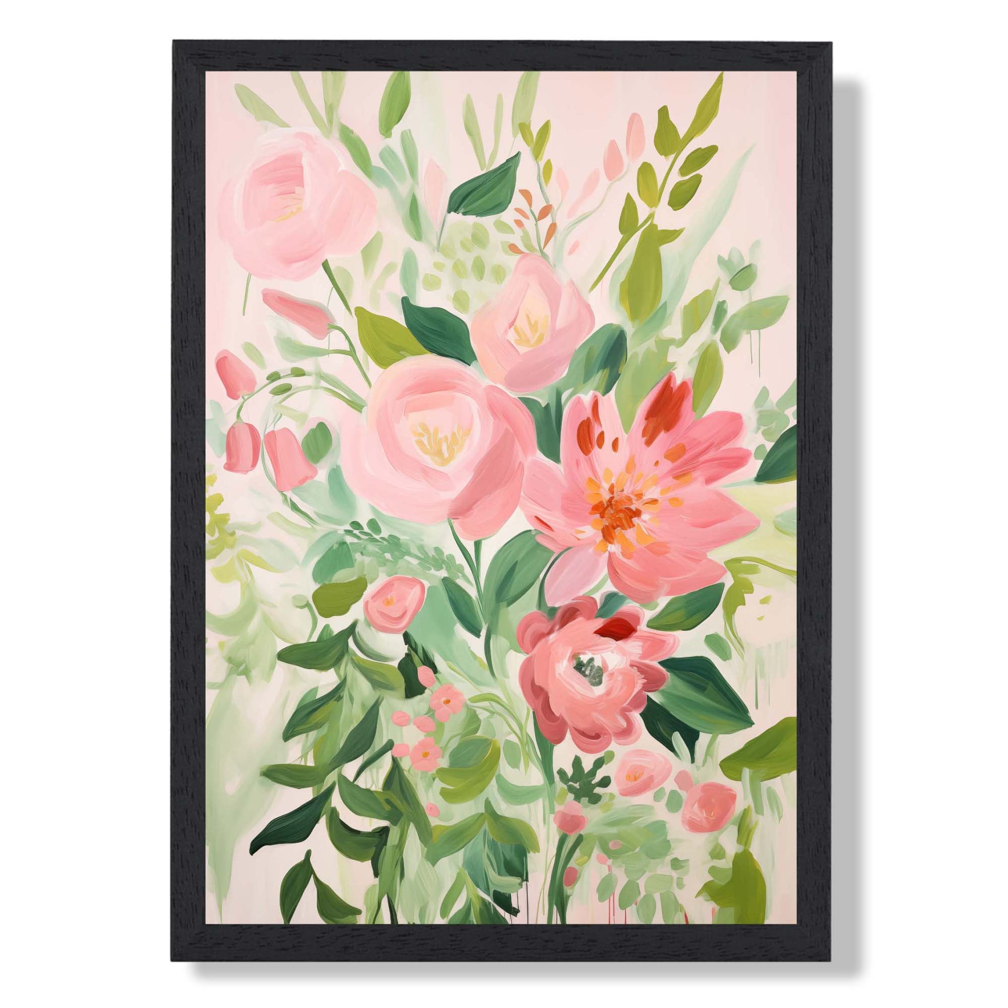 Soft Pink and Green Florals No 1 Art Print print in Black Wooden Frame