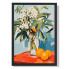 Painted White Flowers and Oranges Still Life Art Print print in Black Wooden Frame