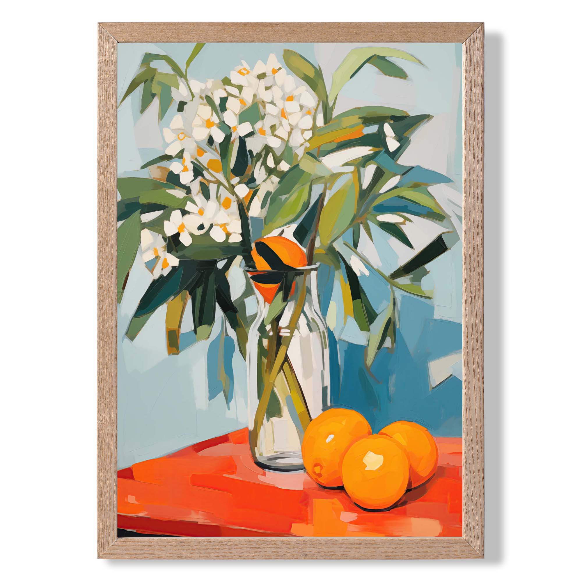 Painted White Flowers and Oranges Still Life Art Print Wall Art Print