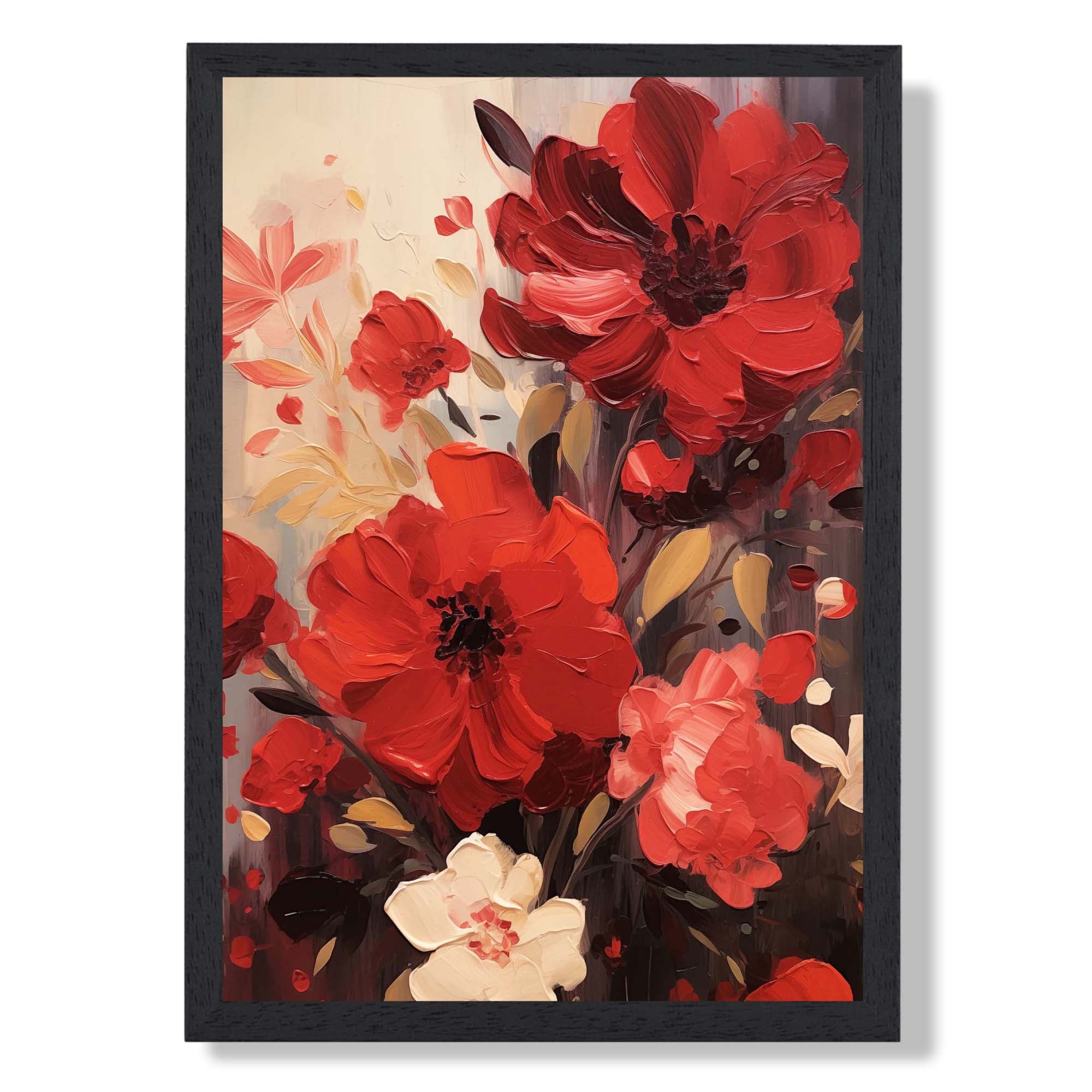 Painted Red Floral Art Print print in Black Wooden Frame
