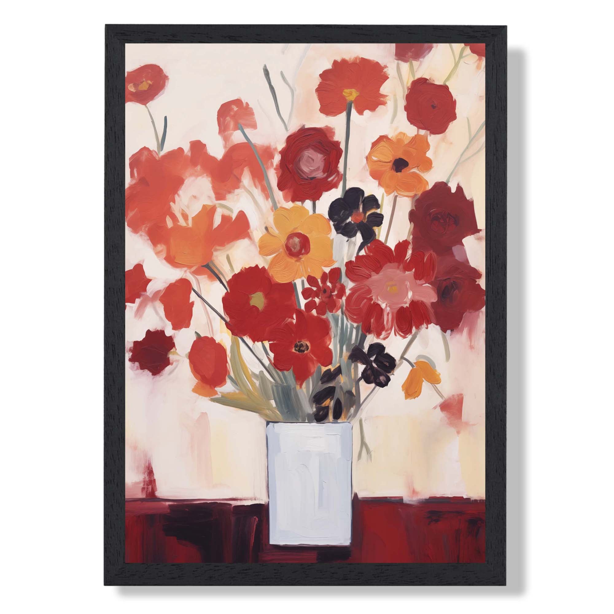 Painted Red Floral Still Life Art Print print in Black Wooden Frame