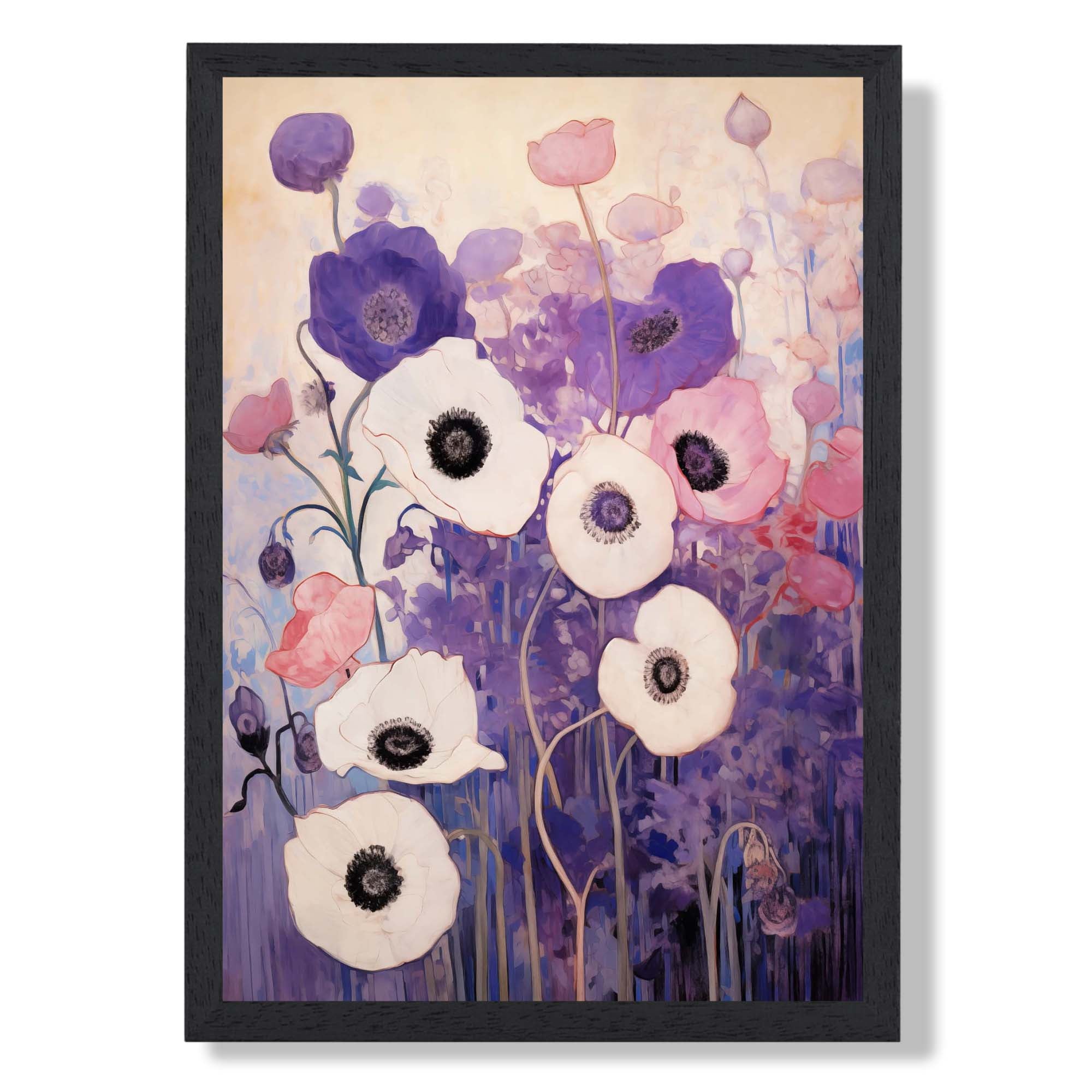 Purple and Pink Poppies Art Print print in Black Wooden Frame
