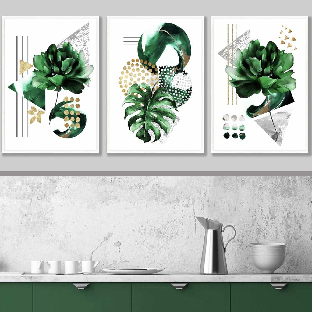 Abstract Green Gold Floral Set of 3 Art Prints