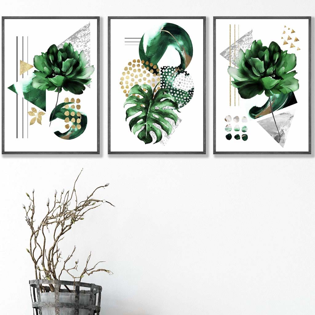 Abstract Green Gold Floral Set of 3 Art Prints