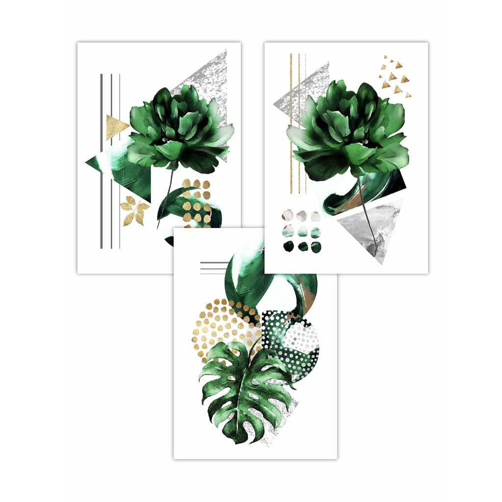 Abstract Green Gold Floral Set of 3 Art Prints