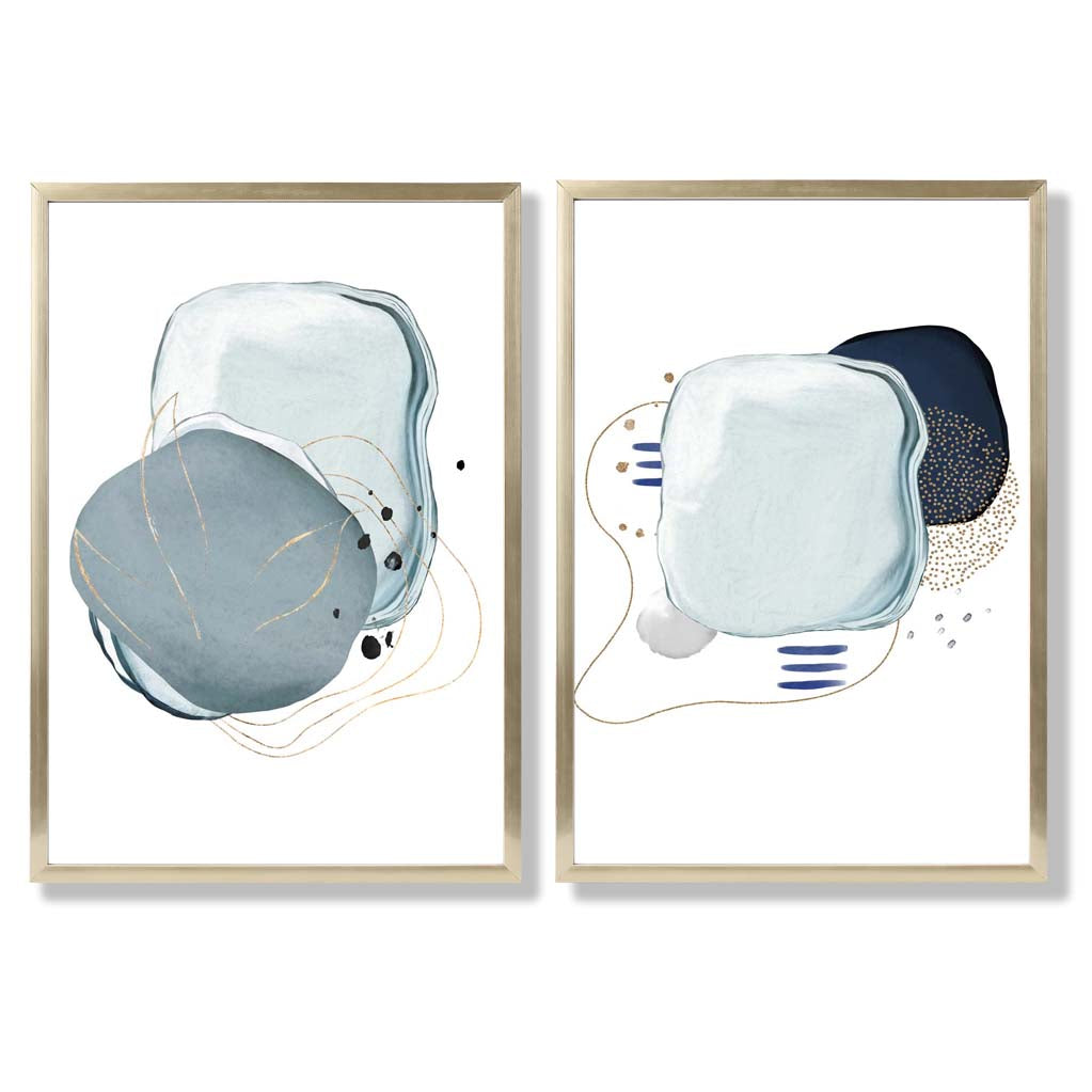 Navy, Aqua Abstract Shapes Set of 2 Art Prints with Gold Frame