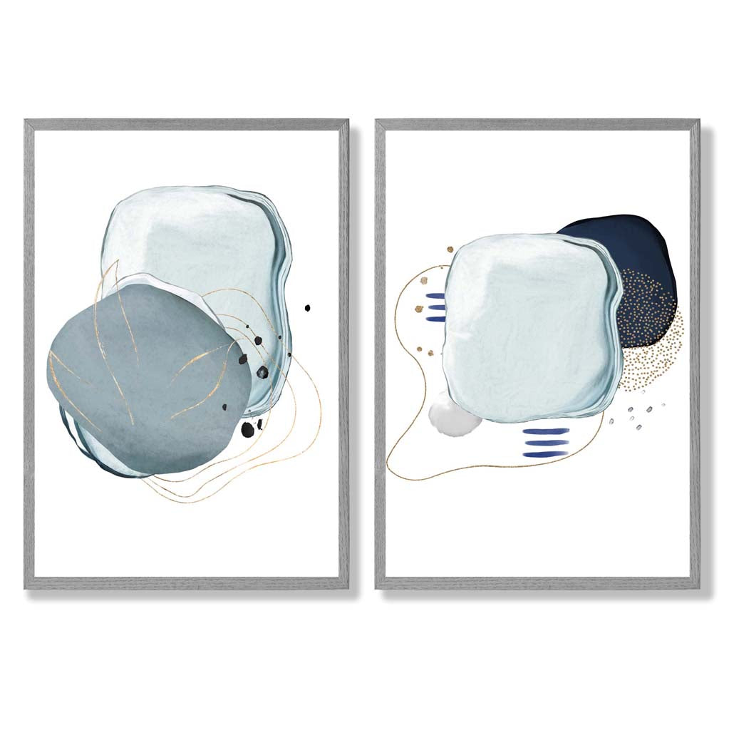 Navy, Aqua Abstract Shapes Set of 2 Art Prints with Light Grey Frame